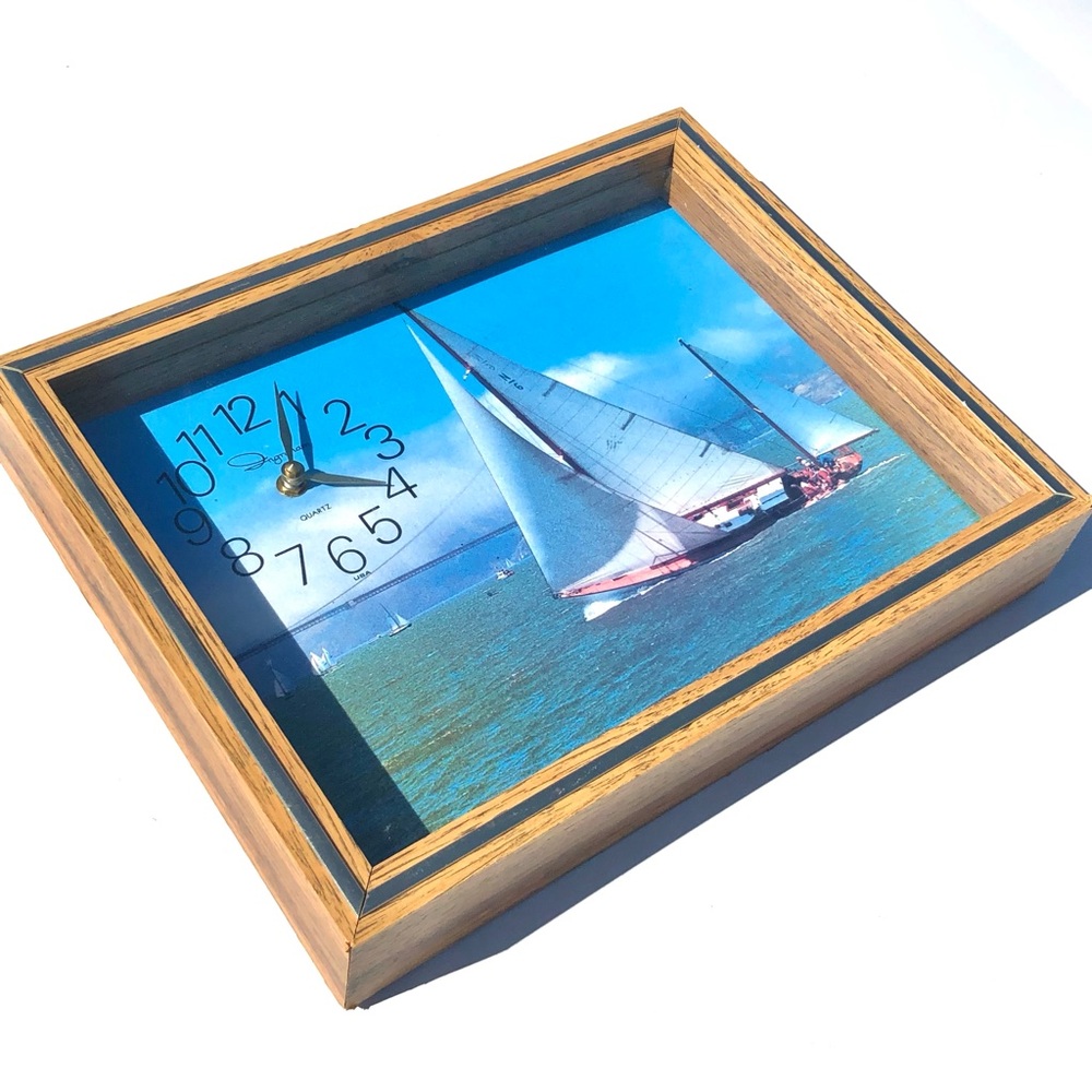 Vintage 80's Ingraham Clock With A Photo Of A Sailboat In A Frame